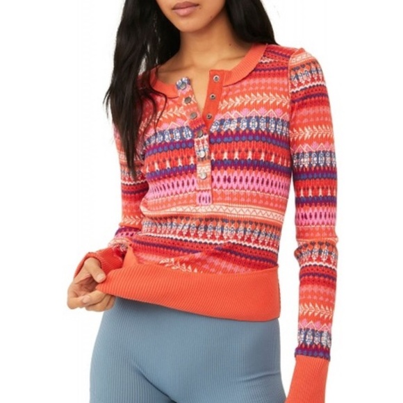FP Movement by Free People Tops - Free People Fp Movement Multicolored Rally Rib Henley Top Fired Up Combo Sz Med